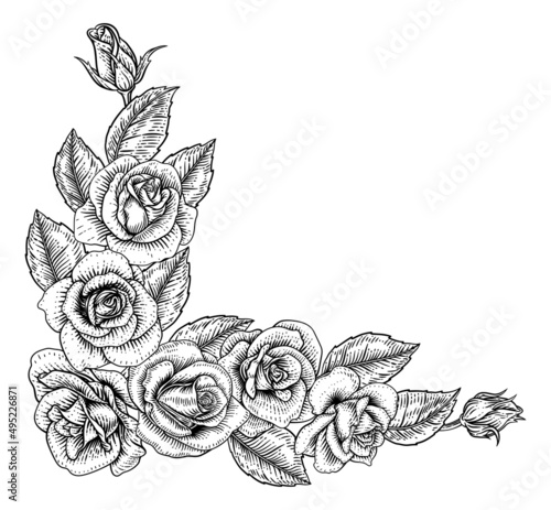 Rose Flower Border Woodcut Vintage Corner Frame