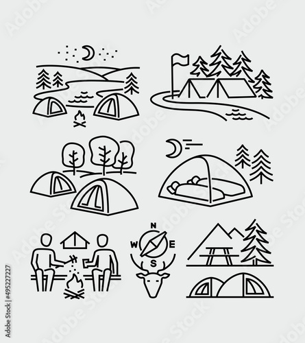 Camping Tents Vector Line Icons