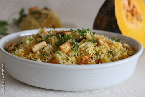 Pumpkin cottage cheese rice. One pot rice preparation with basmati rice, grated pumpkin and spices, tossed with pan fried cottage cheese cubes.