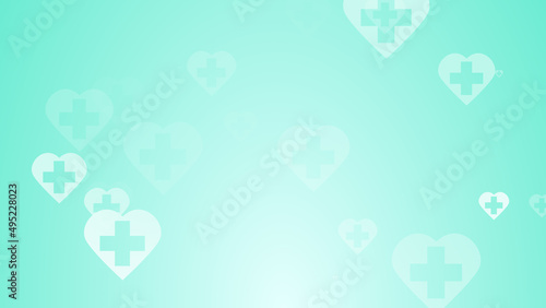 Medical health green blue cross on hearts pattern background. Abstract healthcare technology and science concept.