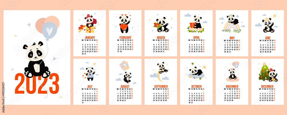 Obraz premium Annual calendar 2023 with cute panda. set of vertical templates, planner for 12 months 2023 and cover with bear on moon. Vector illustration. week from Monday. In English