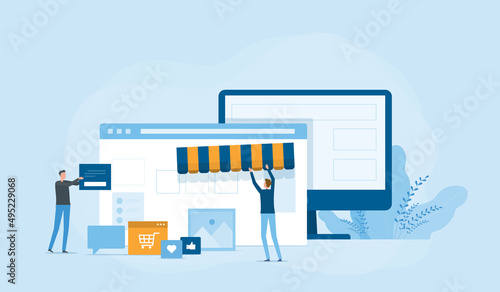Flat vector business team working developer and designer team create an online store shop concept