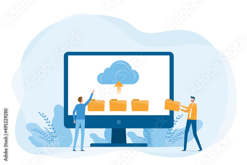 Business technology cloud computing service and technology file upload backup on cloud server storage concept with team administrator and developer working on computer monitor
