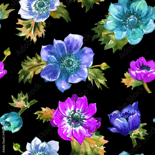 Seamless pattern of anemones on a black background  print for fabric and other surfaces based on a watercolor illustration.