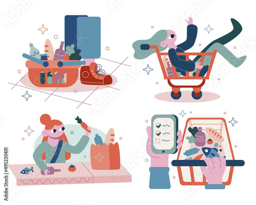 Set vector flat cartoon illustrations. Grocery shopping in the store. Shopping list and grocery bags.