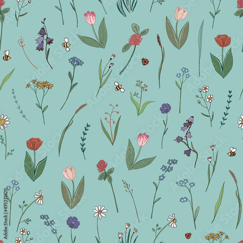 Field simple flowers line graphic vector seamless pattern