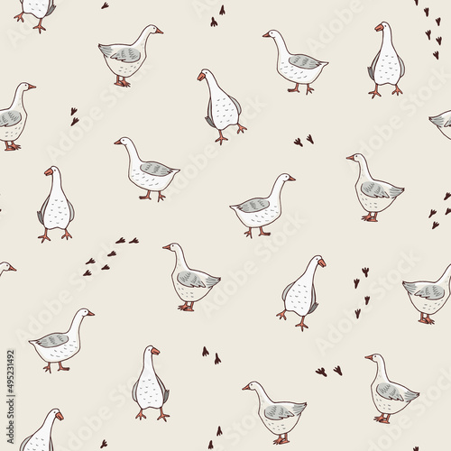 goose farm animals seamless vector pattern