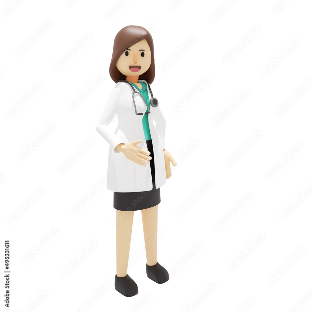 Cartoon character 3d illustration of a smile happy female doctor holding is giving recommendation.medical hospital clinic illustration concept. Isolated on white Cartoon character 3d illustration of a smile happy female doctor holding is giving recommendation.medical hospital clinic illustration concept. Isolated on white