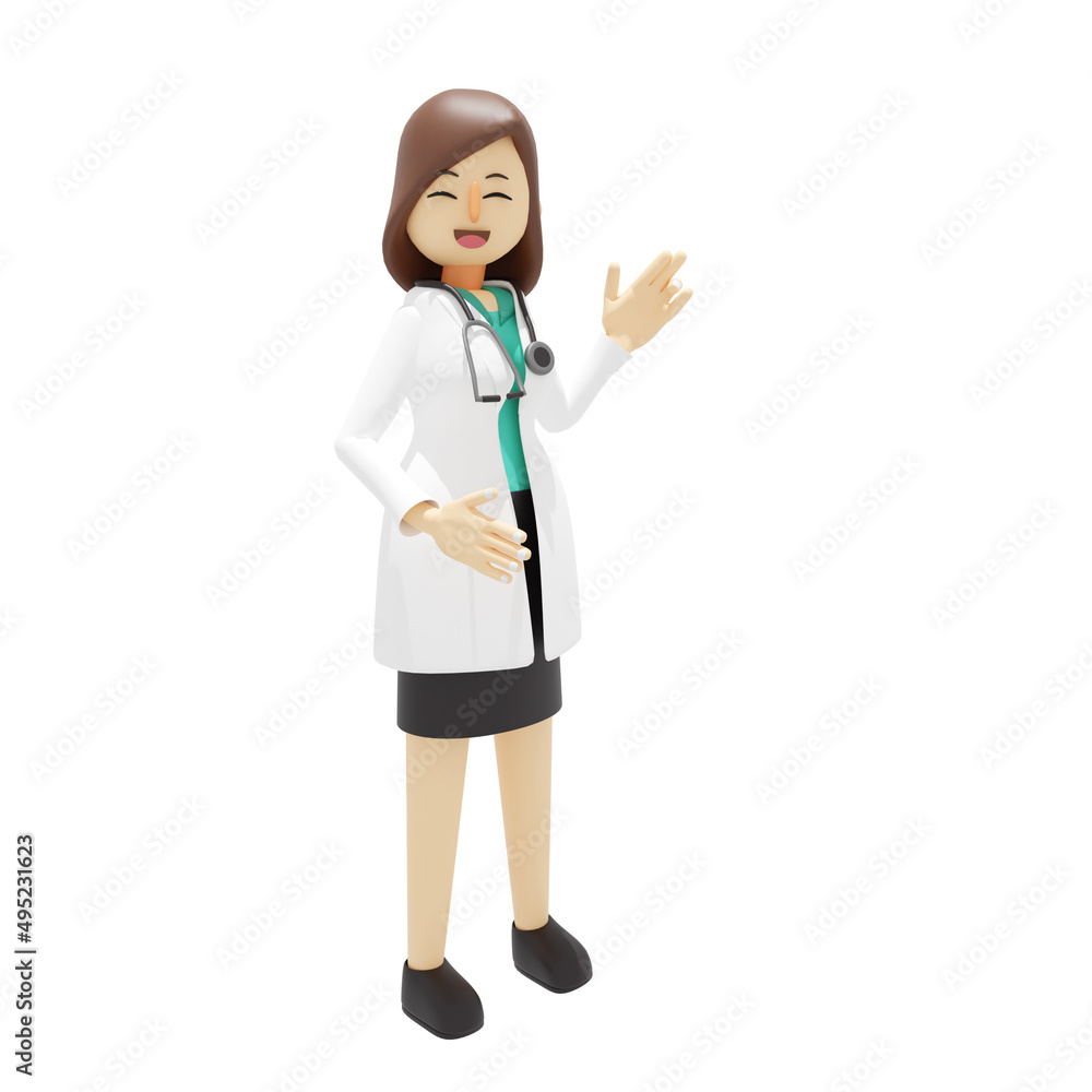 Cartoon character 3d illustration of a smile happy female doctor holding is giving recommendation.medical hospital clinic illustration concept. Isolated on white Cartoon character 3d illustration of a smile happy female doctor holding is giving recommendation.medical hospital clinic illustration concept. Isolated on white