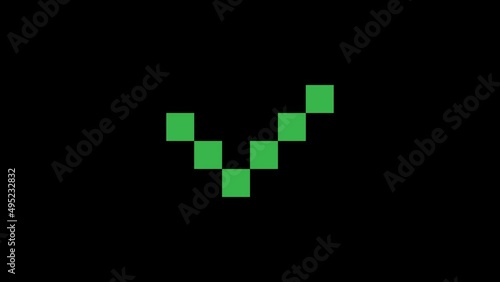 pixel animation of checkmark icon. 4k video on green background Check,tick; yes; vote 8 bit game
