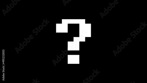 pixel question mark symbol on glitch old screen display animation. Retro, colorful video footage, 4K 8 bit game	
