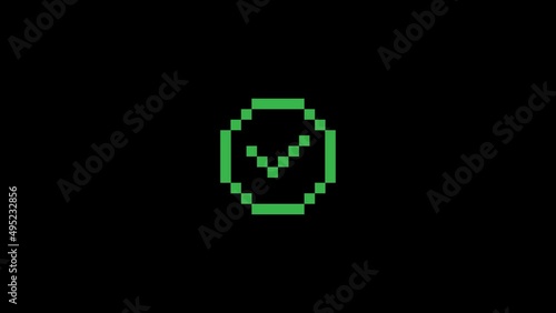 pixel animation of checkmark icon. 4k video on green background Check,tick; yes; vote 8 bit game
