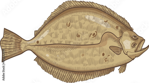 Flounder Fish Colored Hand Drawn Illustration
