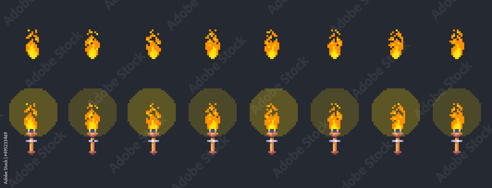 Pixel frame-by-frame animation of fire. A torch with a translucent glow ...