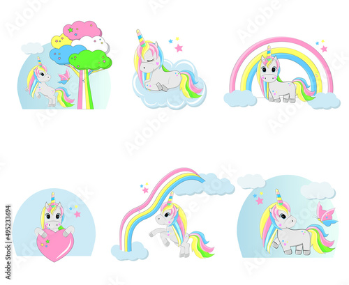 Various scenes with cute unicorn. A colored unicorn plays with a butterfly in a magical land.