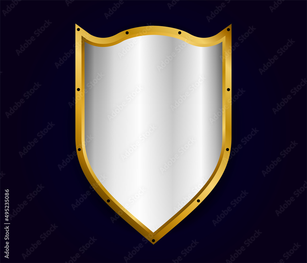 Metal realistic shield vector illustration. Silver with gold royal design. Security and safety symbol template Metal realistic shield vector illustration. Silver with gold royal design. Security and safety symbol template