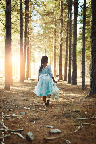 On an exploration of the wonders of the woods. Rear view shot of a little girl walking in the woods with her teddybear.
