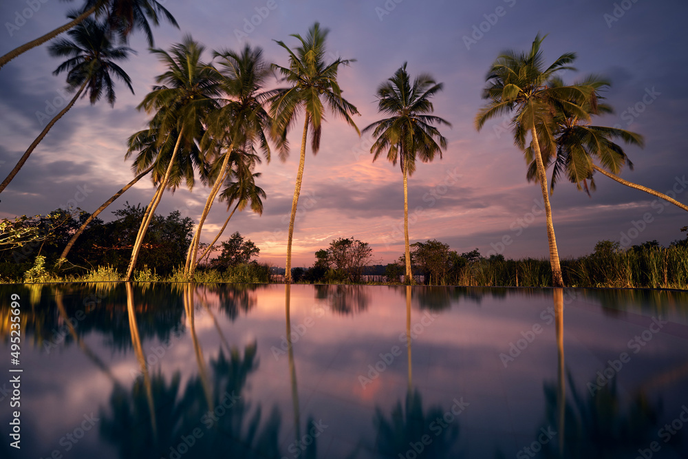Water reflection of coconut palm trees in swimming pool with lake view at sunset. Tourist resort in beautiful tropical nature. .