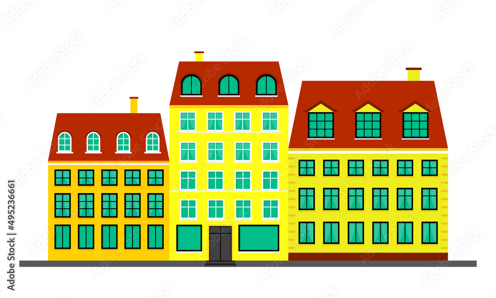 City life. Yellow houses in the Scandinavian style. Landscape with building facades. Vector illustration isolated on white background