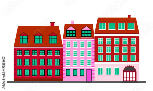 City life. Colorful houses in the Scandinavian style. Landscape with building facades. Vector illustration isolated on white background © _AsAnia_