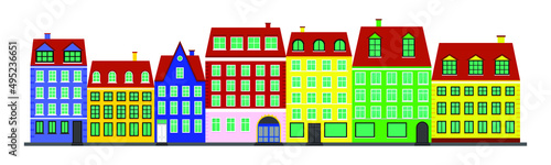 Fototapeta Naklejka Na Ścianę i Meble -  City life. Colorful houses in the Scandinavian style. Street of Scandinavian houses. Landscape with building facades. Vector illustration isolated on white background
