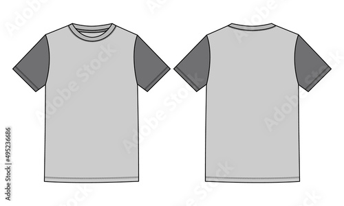 Two tone color Short sleeve Basic T shirt overall technical fashion flat sketch vector illustration template front and back views. Apparel clothing mock up for men's and boys.