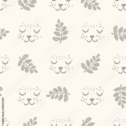 Calm newborn minimal animal seamless pattern. Gender neutral baby nursery decor background. Scandi style sketch wallpaper background tile or toddler inclusive apparel fashion.