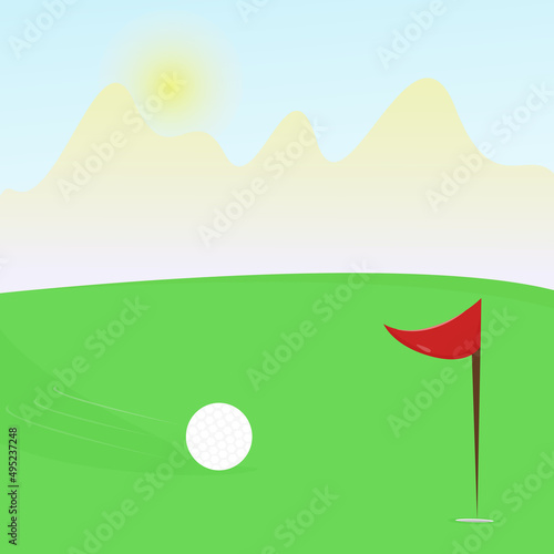 Vector illustration of a green golf course on a sunny summer day. A golf ball in flight goes into the hole