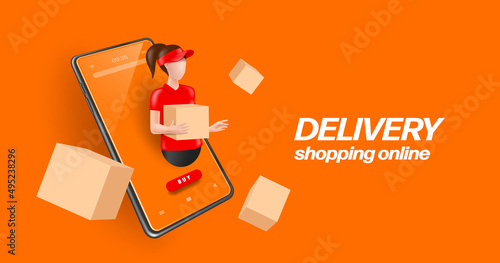 Delivery woman carrying food boxes or parcel box standing on smartphone screen and parcel boxes floating around 3d vector isolated on orange background for online shopping and delivery concept
