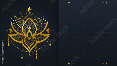 Luxury Golden lotus background vector. Gold Lotus line art design backdrop