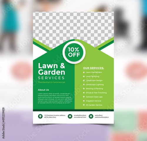 Lawn service flyer advertisement template, grass mowing marketing campaign concept, outdoor gardening abstract brochure