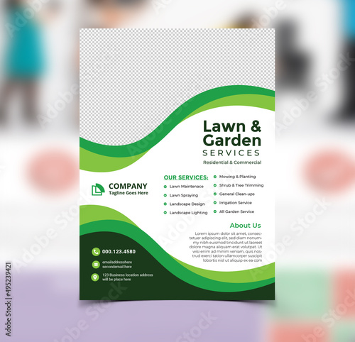 Lawn service flyer advertisement template, grass mowing marketing campaign concept, outdoor gardening abstract brochure