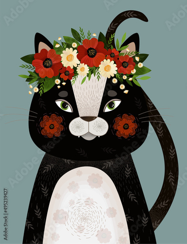 Cute portrait of a black cat with a crown of poppies and daisies.Decorative abstract spring cat. Hand-drawn modern illustrations with vector cat and flowers on the background of mint color