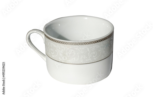 Ceramic cup on a white background. Isolated image. Cup with saucer. Cup for coffee. Cutlery.