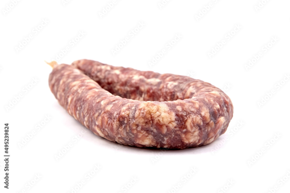 Dry cured pork sausage ring isolated on white Dry cured pork sausage ring isolated on white
