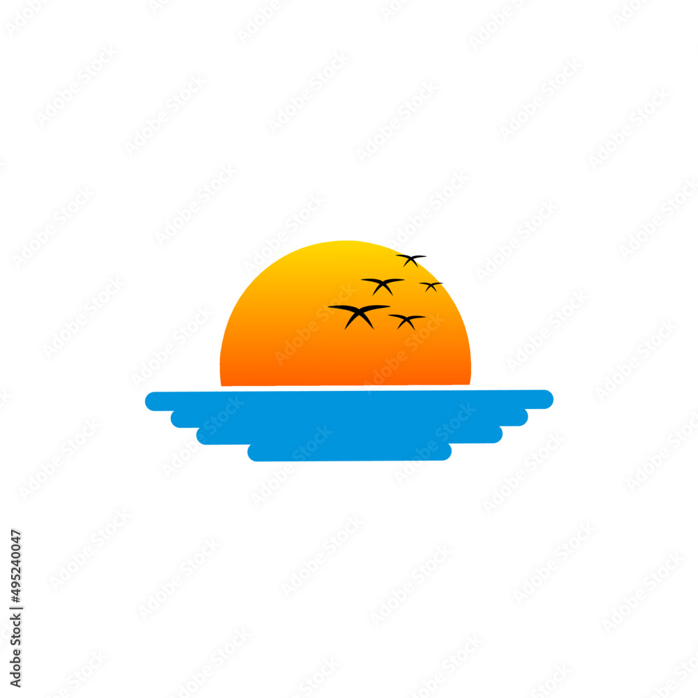 Fototapeta premium Illustration vector graphic of template logo sunset in the sea with flying birds