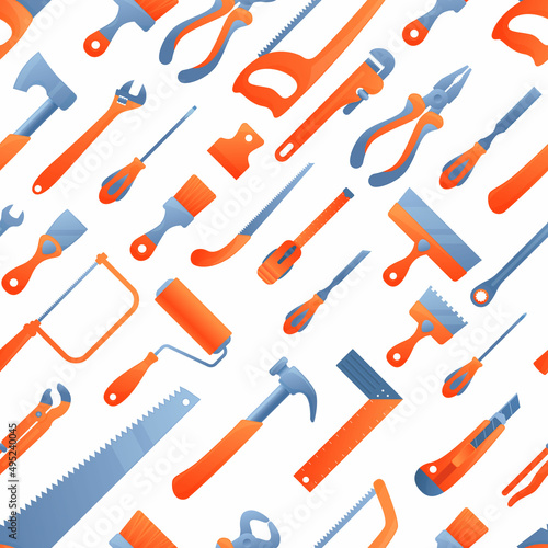 Vector seamless pattern with repair working tools. Cartoon hardware tools texture background. Vector illustration equipment for home repair, renovation, building and construction. Hand work tools.
