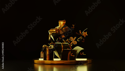 Fotografie Surprise Realistic black gift box with luxury gold ribbon open gift box Merry Ch