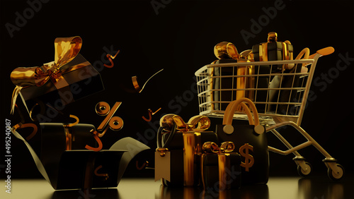 Surprise black gift box with luxury gold ribbon Open gift box and cart