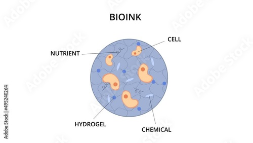 2D animation of bioink containing cells, nutrients, chemicals and hydrogel for medical 3D printing. Bioprinting, creating internal organs for transplantation. Innovation implantation