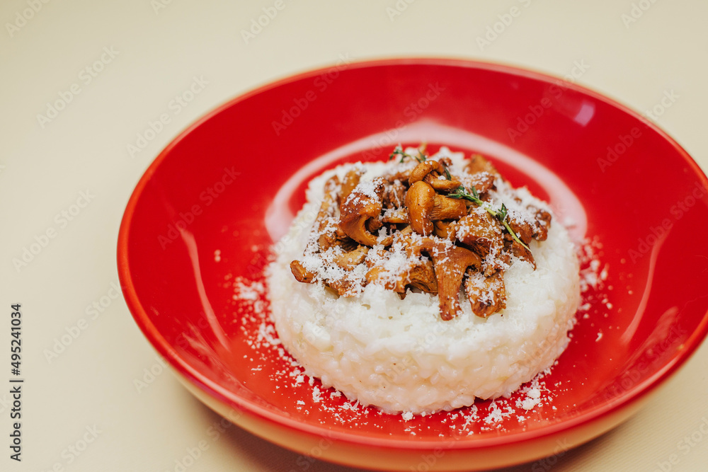 Risotto with mushrooms in a red plate over white background, top view Risotto with mushrooms in a red plate over white background, top view