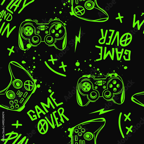 Abstract Seamless hand drawn pattern with joystick. Gamer elements for boy t-shirt design. Repeat print with gamepad sign for boys textile and more
