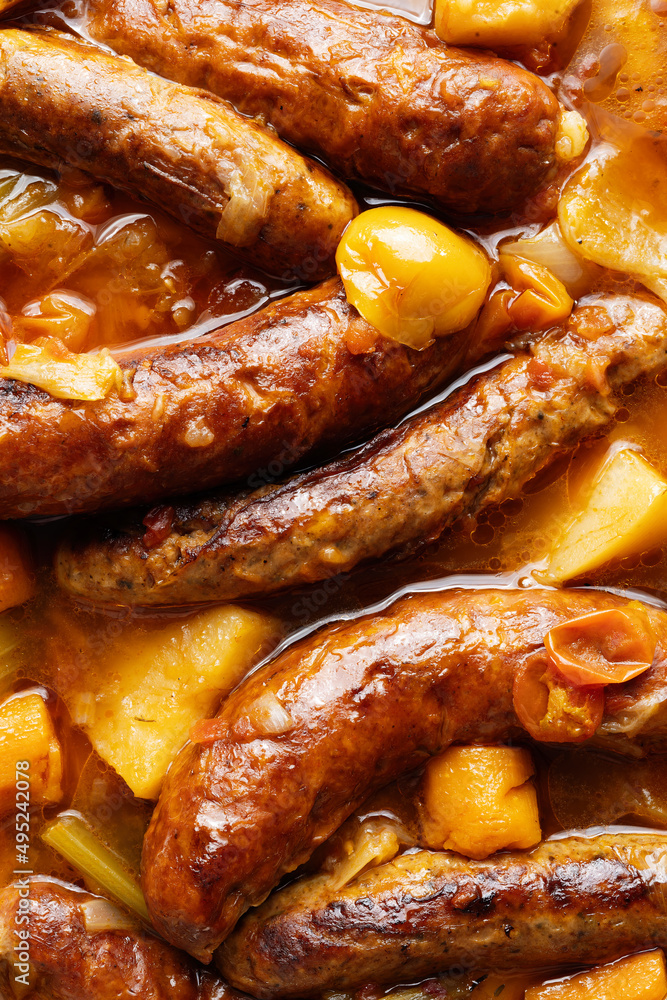 rustic english sausage casserole comfort food background rustic english sausage casserole comfort food background