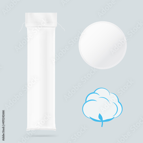 Cotton pads set with package. Vector illustration. EPS10.