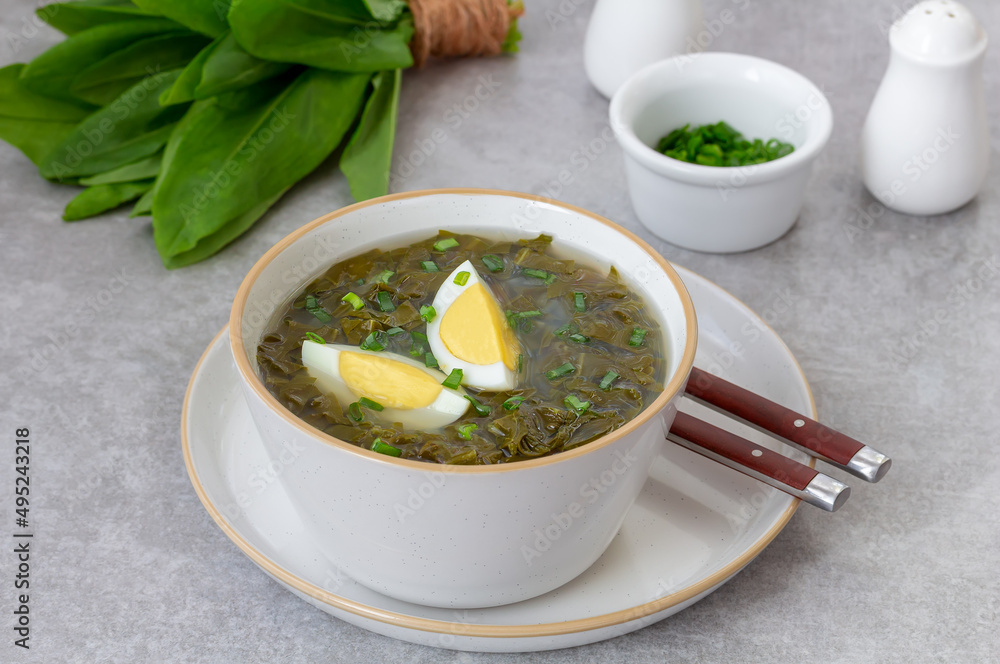 Green Sorrel soup with boiled eggs wedges in white bowl. Selective focus, bunch of fresh sorrel on background. Green Sorrel soup with boiled eggs wedges in white bowl. Selective focus, bunch of fresh sorrel on background.