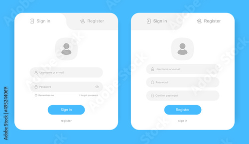 Set of Sign Up and Sign In forms. Registration and login forms page. Professional and User-friendly web and UI UX design elements. Modern Sign in and Register page. Username, email and password.