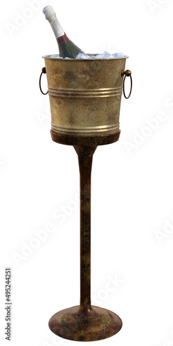 3d illustration of a metal vintage ice bucket on a stand holding a bottle of champagne