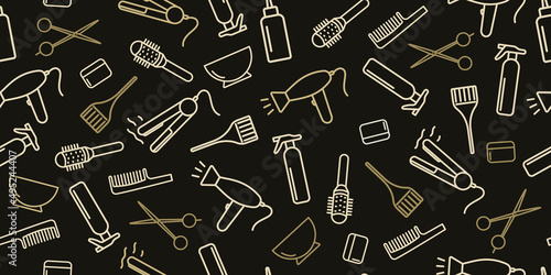 Professional equipment for hairdressing salon. Hair stylist tools horizontal seamless vector pattern. Linear icons haircut, hair coloring. Golden outline on a black background. For printing, banners