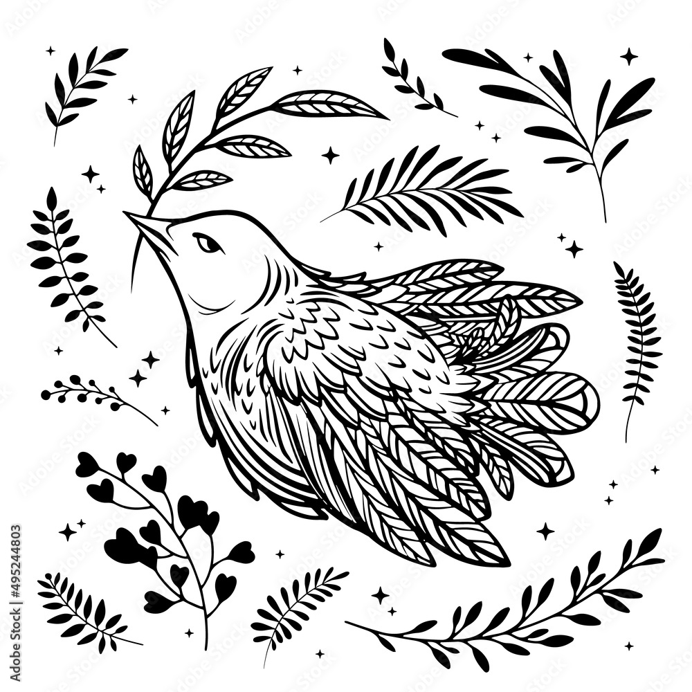 Obraz premium White dove with olive branch, bird, florals and branches vector collection. International Day of Peace concept, symbol of love and freedom