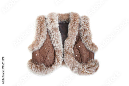 Fur vest isolated on white background. Brown short vest with natural fur trim. front view.